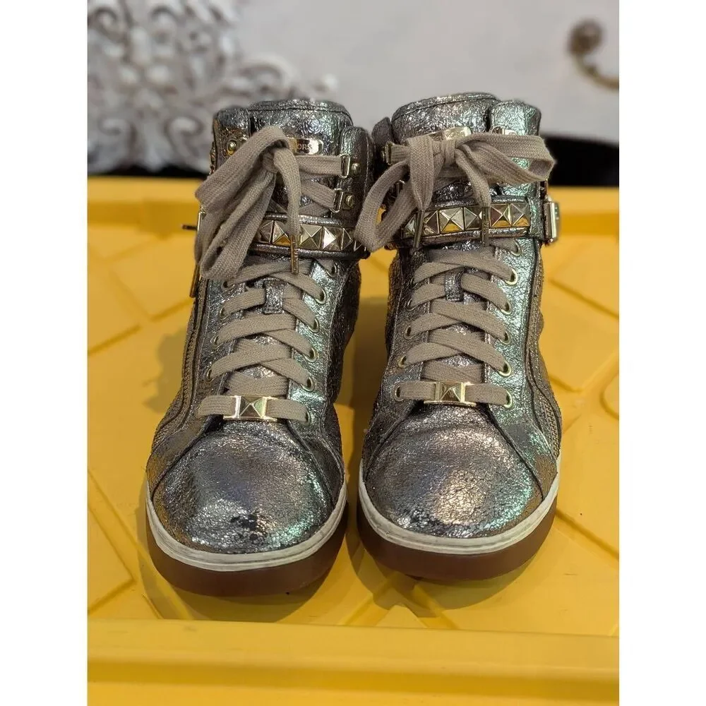 Michael Michael Kors Glam Studded Gold Crackle High-Top Sneakers 9.5 Festival